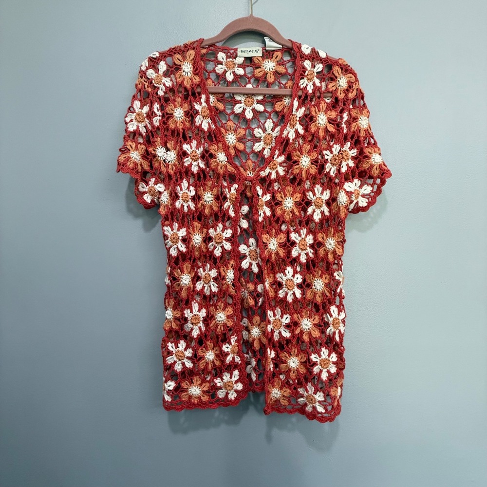 vtg Hippie Womens XL Coral Floral Crochet Cardigan Short Sleeve Open Knit Top
